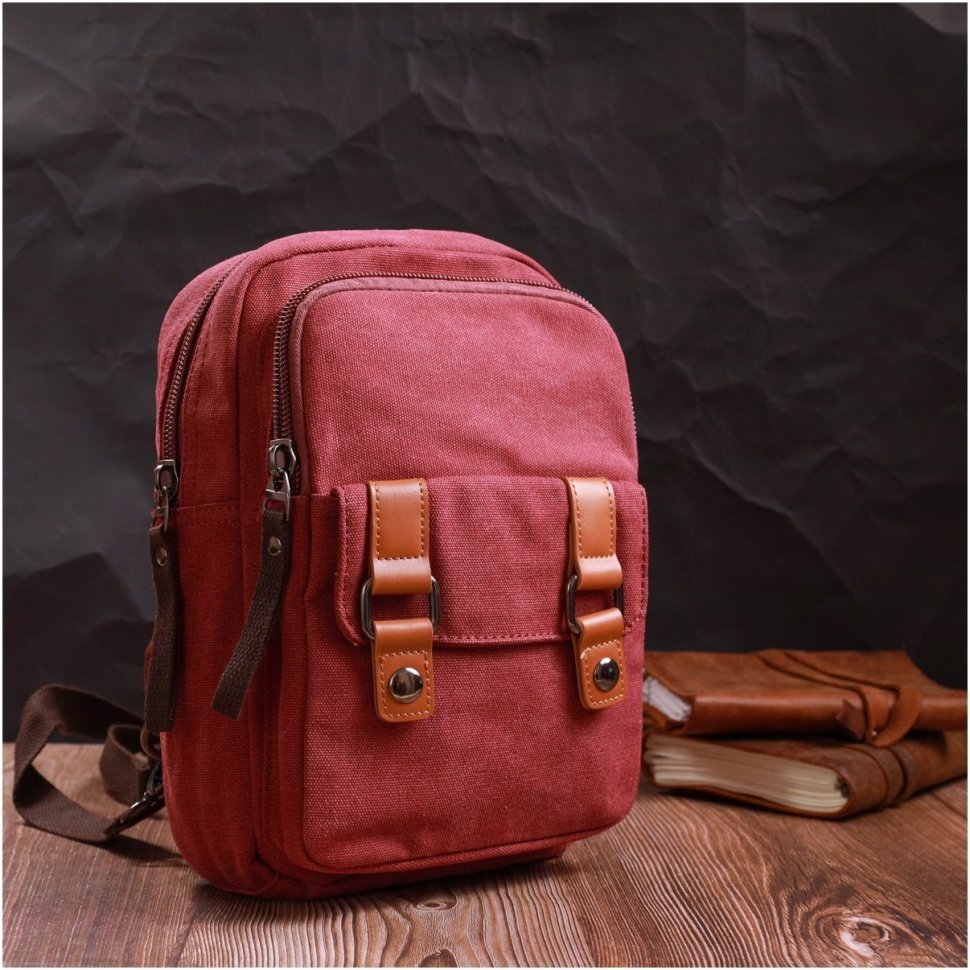 Бордовая текстильная сумка-рюкзак с двумя отделениями из плотного текстиля Vintage 2422164 